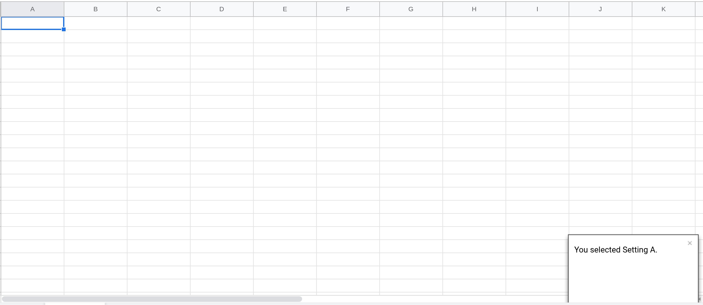 Screenshot of a Google Sheets spreadsheet with a toast notification displayed in the lower right hand corner.