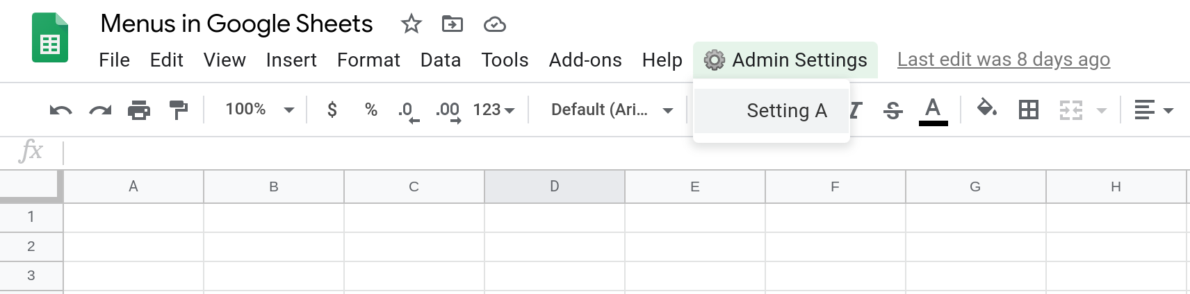 Screenshot of a Google Sheets spreadsheet showing a custom menu with a single menu item.