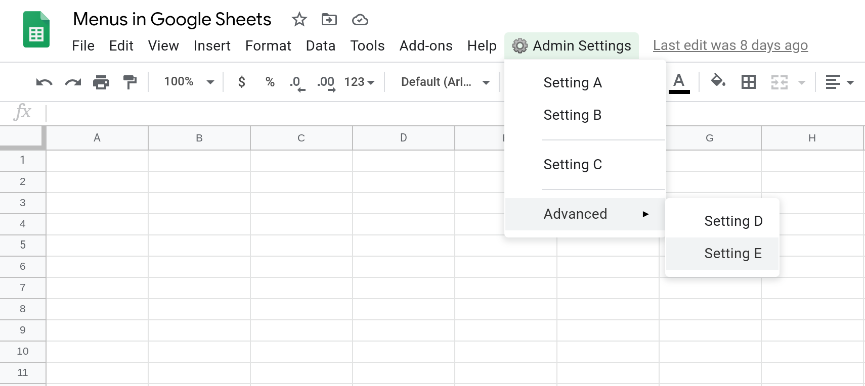 Screenshot of a Google Sheets spreadsheet showing a custom menu with a sub menu called "Advanced".