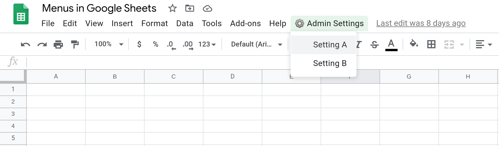 Screenshot of a Google Sheets spreadsheet showing a custom menu with two menu items.