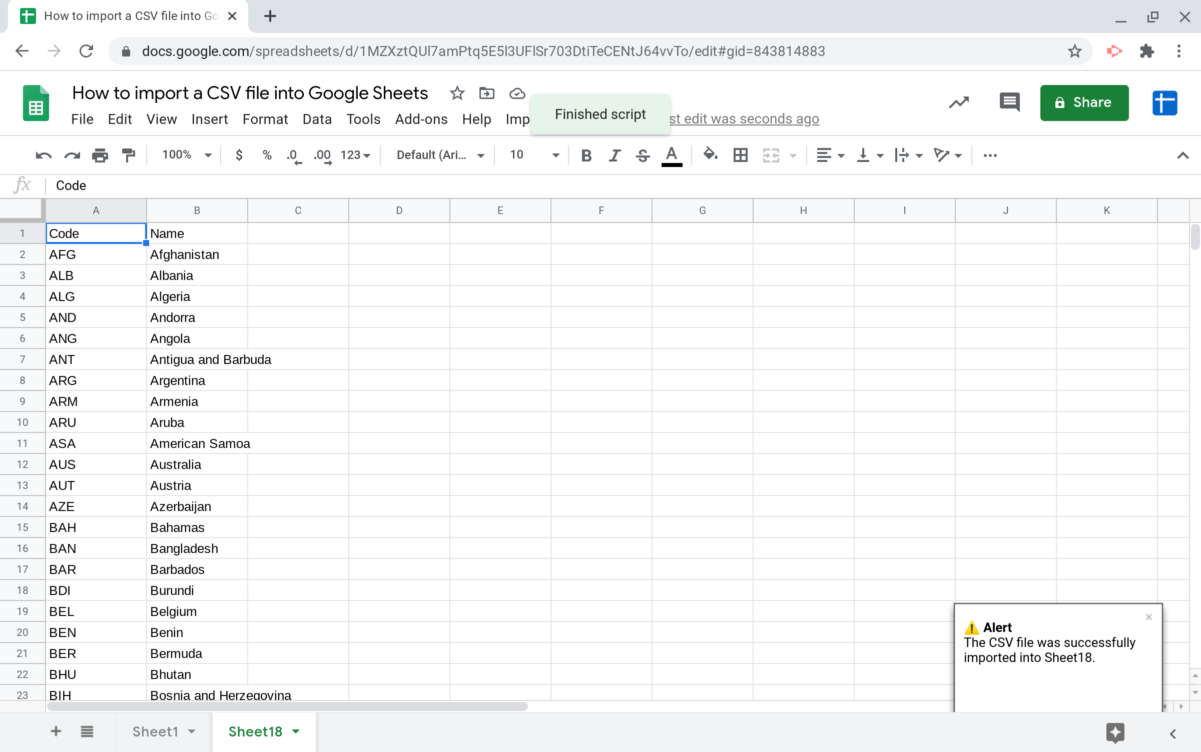 Screenshot of the sheet where the CSV file's contents were successfully imported.
