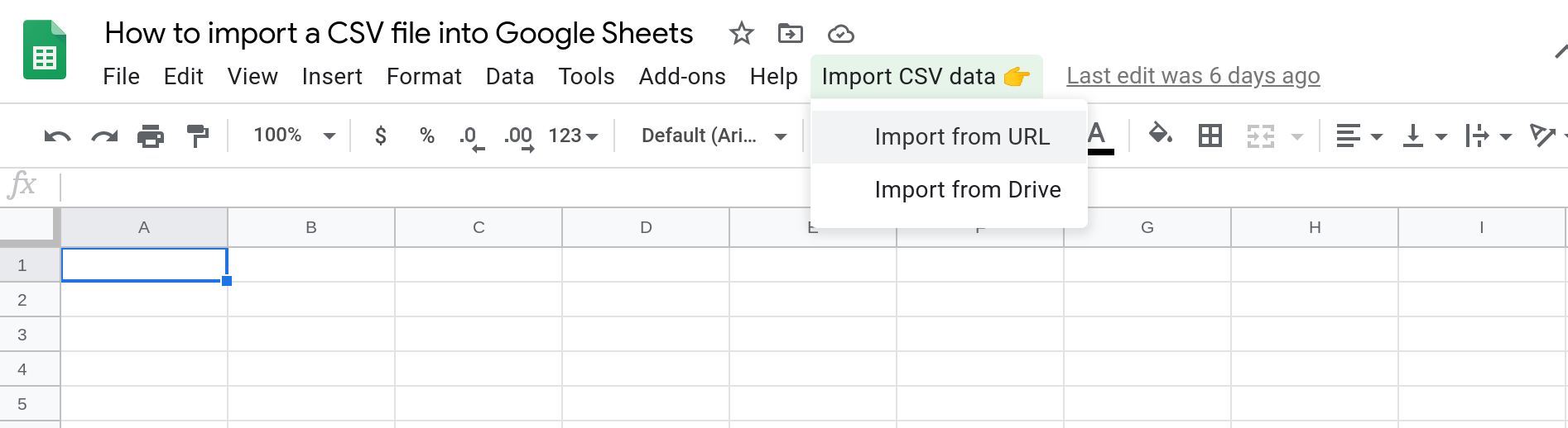 Screenshot of a Google Sheet with a custom menu that has two menu items: a) Import from URL and b) Import from Drive.