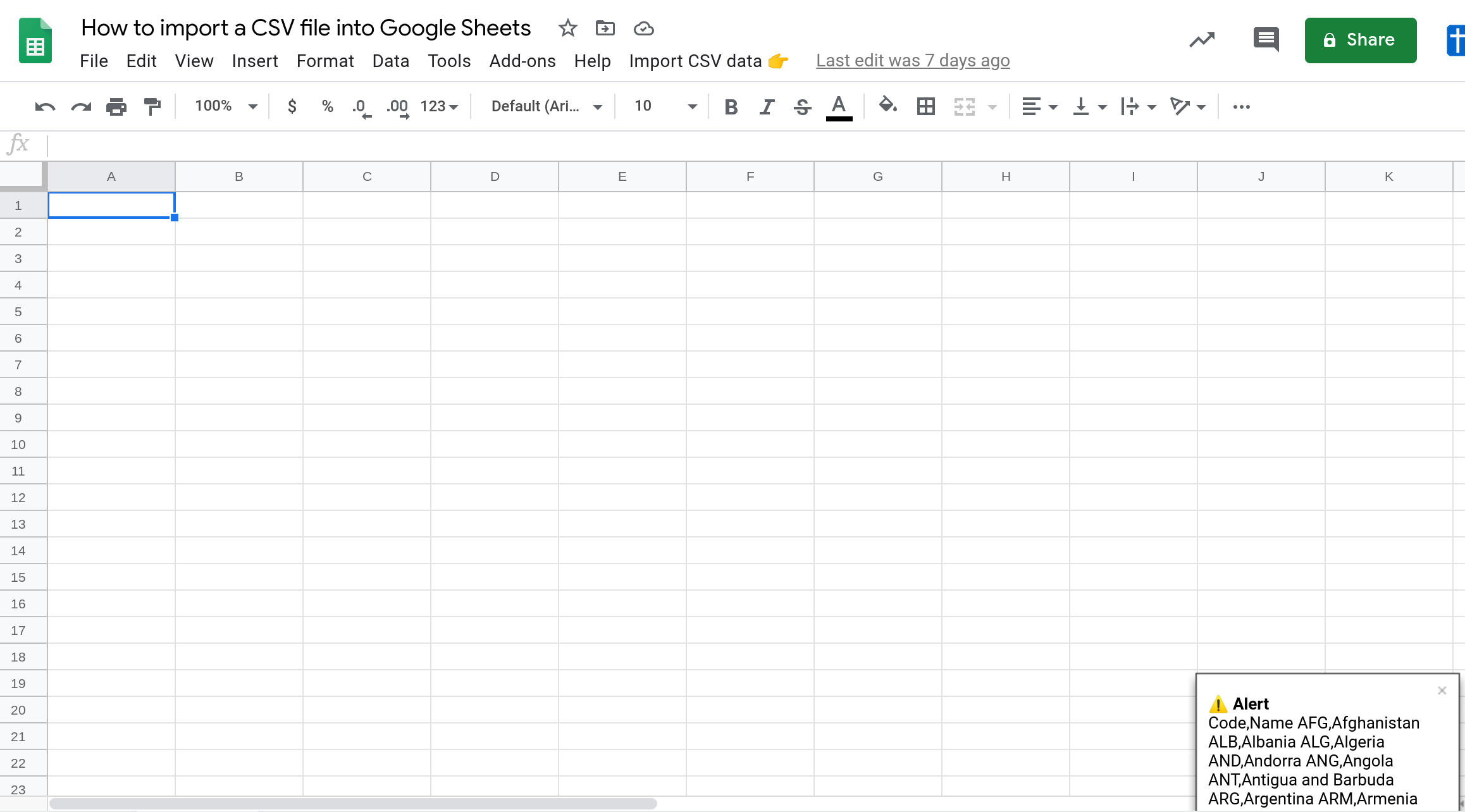 Screenshot of a notification in the lower right hand corner of a Google Sheet.