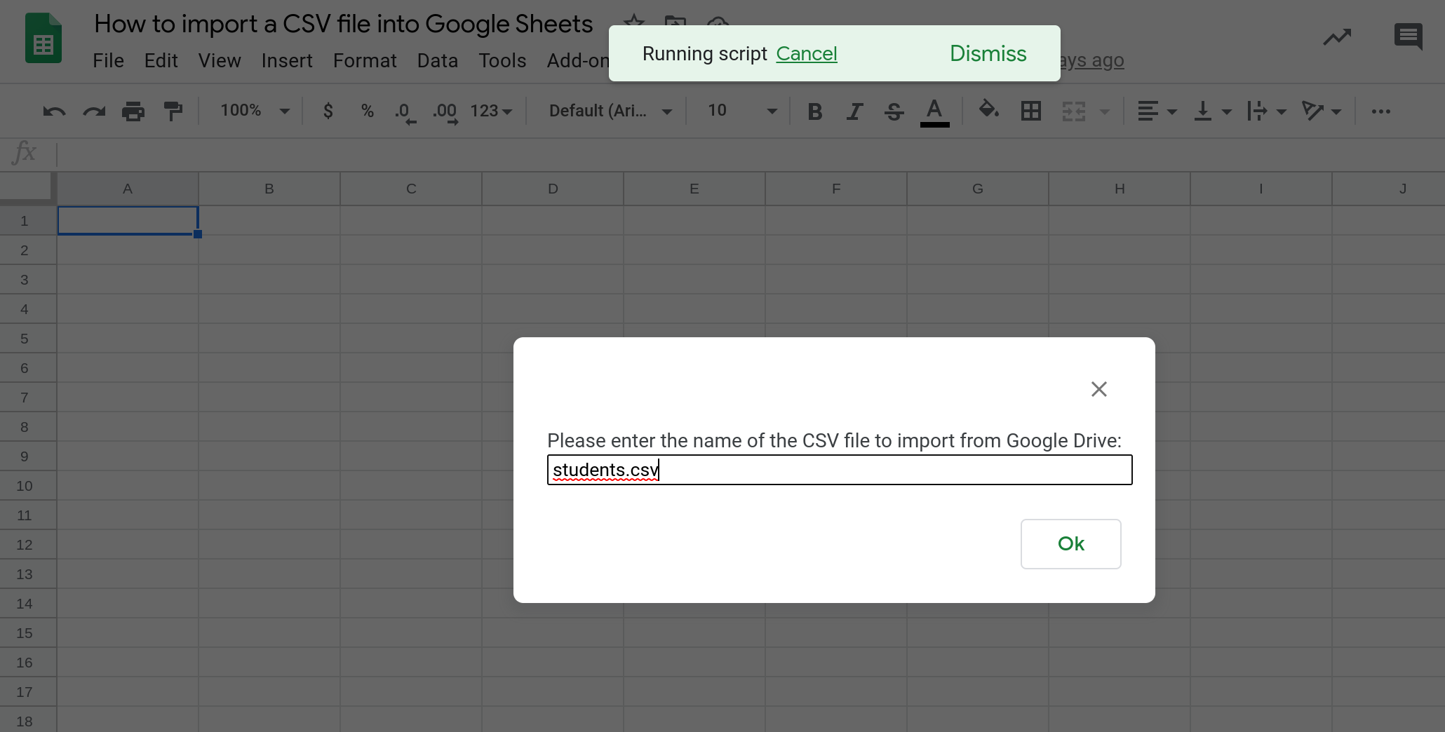 Screenshot of a prompt dialog asking the user to enter the name of the CSV file they want to import from Google Drive.