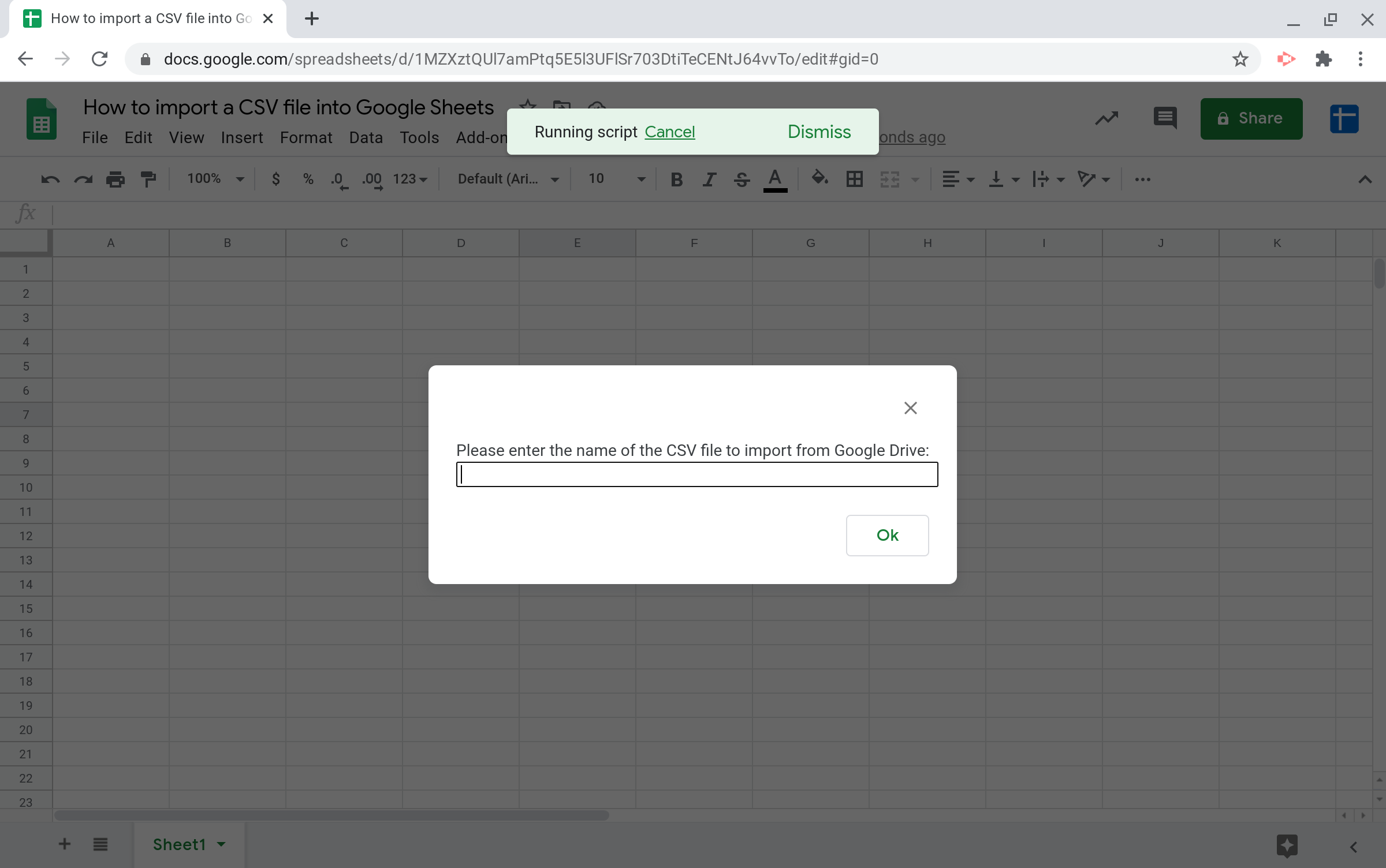 Screenshot of a prompt dialog asking the user to enter the name of the CSV file they want to import from Google Drive.