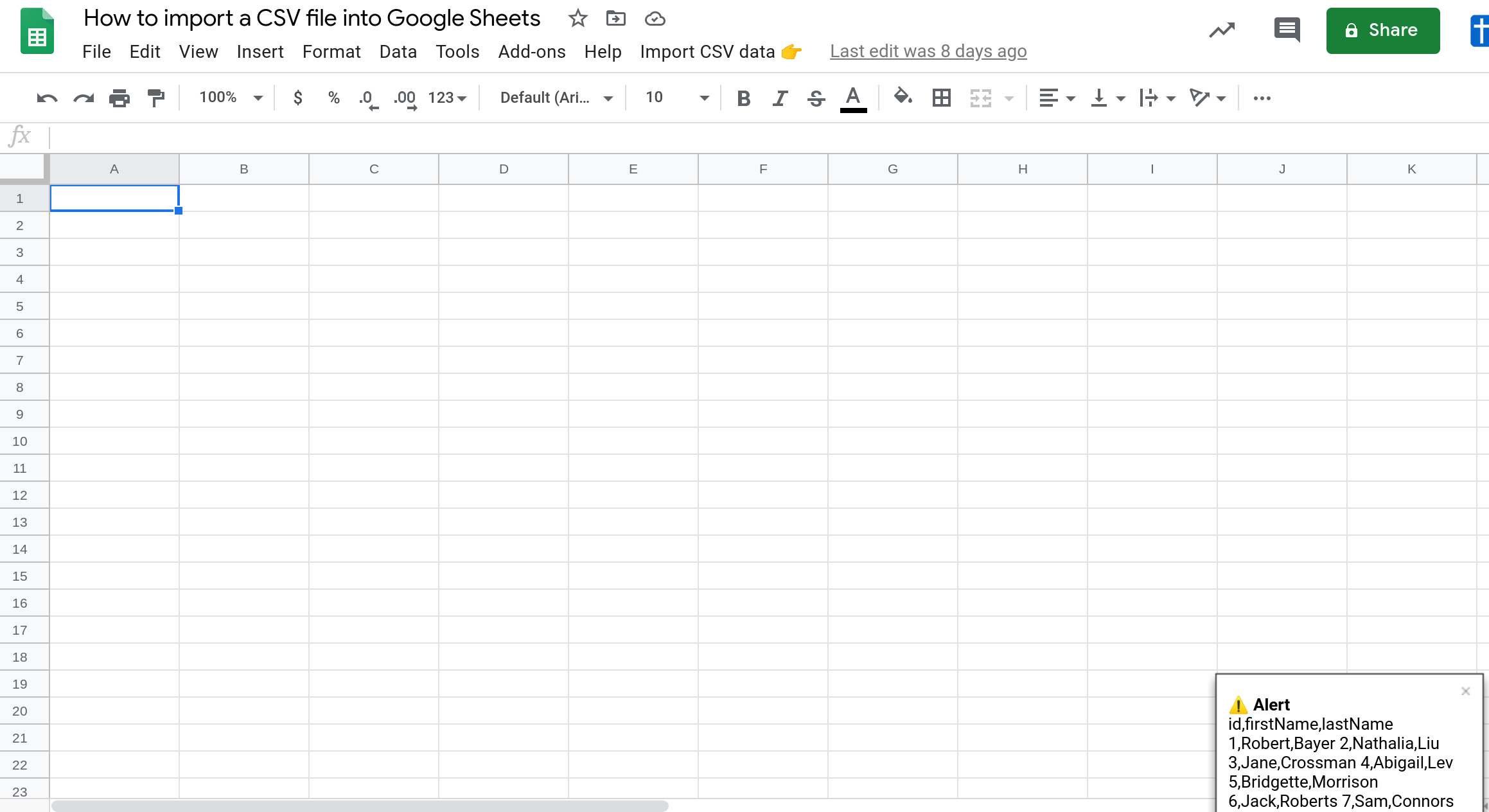 Screenshot of a notification in the lower right hand corner of a Google Sheet.