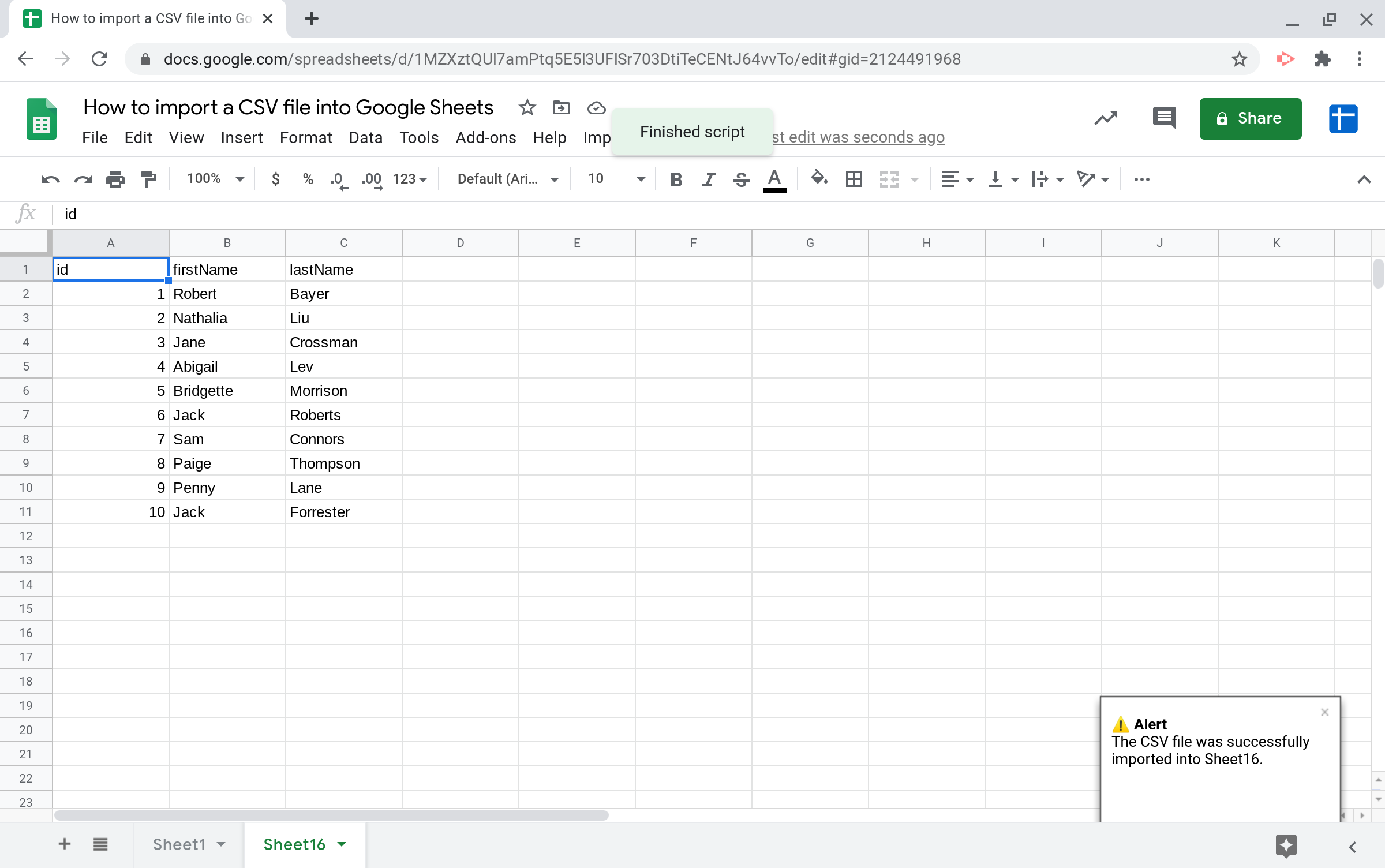Screenshot of the sheet where the CSV file's contents were successfully imported.