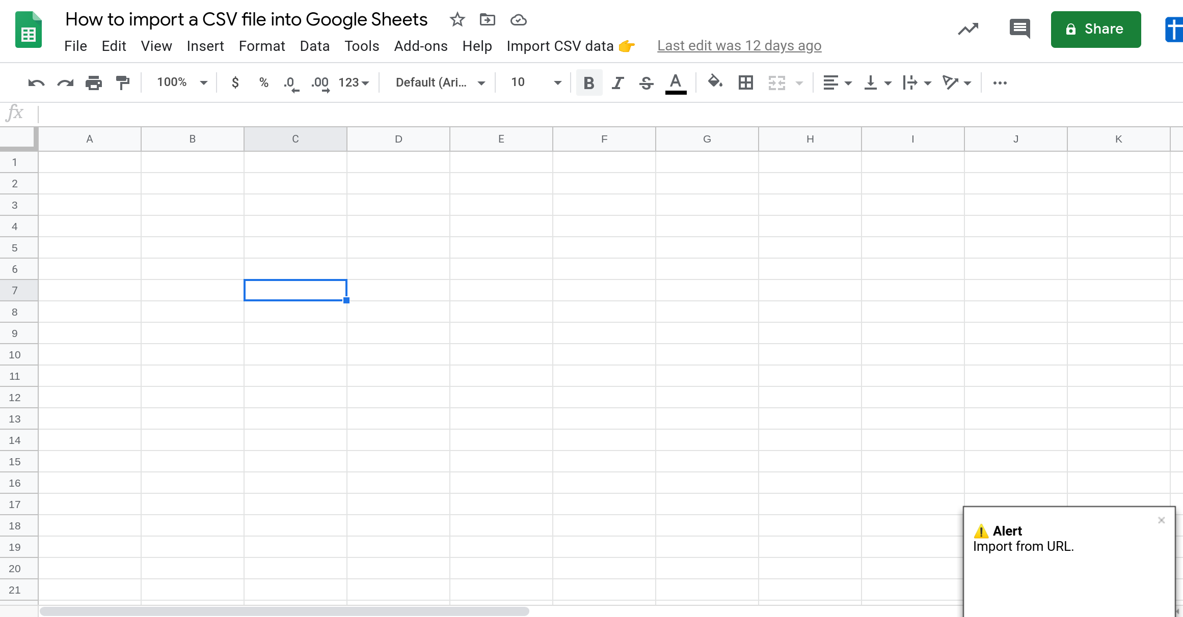 Screenshot of a notification in the lower right hand corner of a Google Sheet.