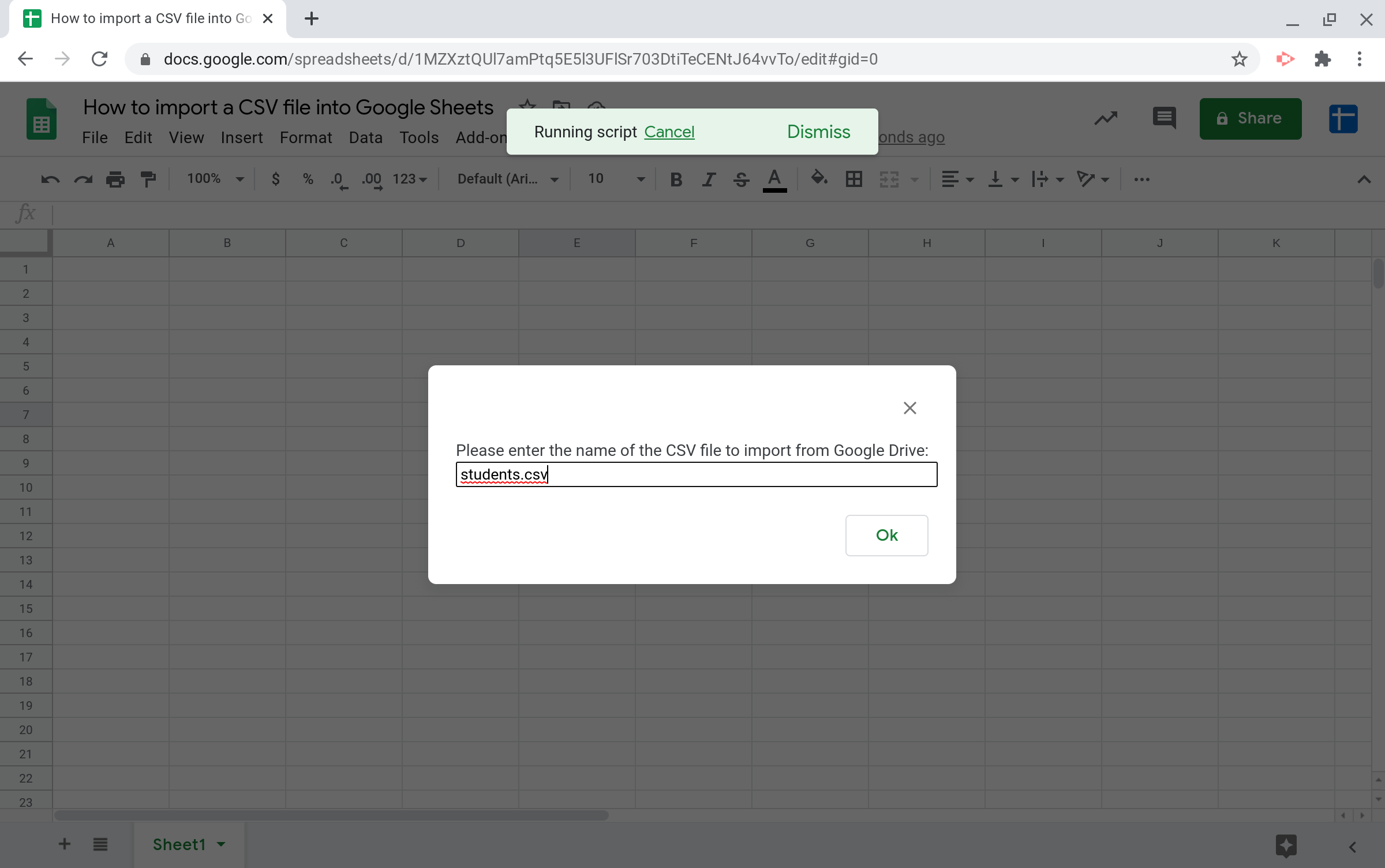 Screenshot of a prompt dialog asking the user to enter the name of the CSV file they want to import from Google Drive.