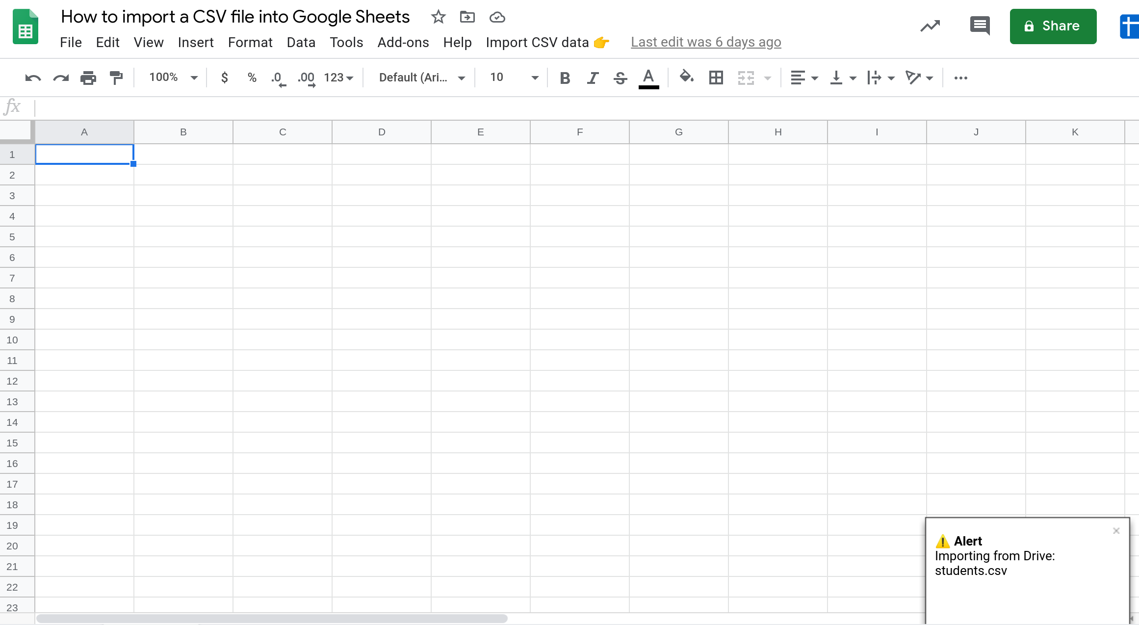 Screenshot of a notification in the lower right hand corner of a Google Sheet.