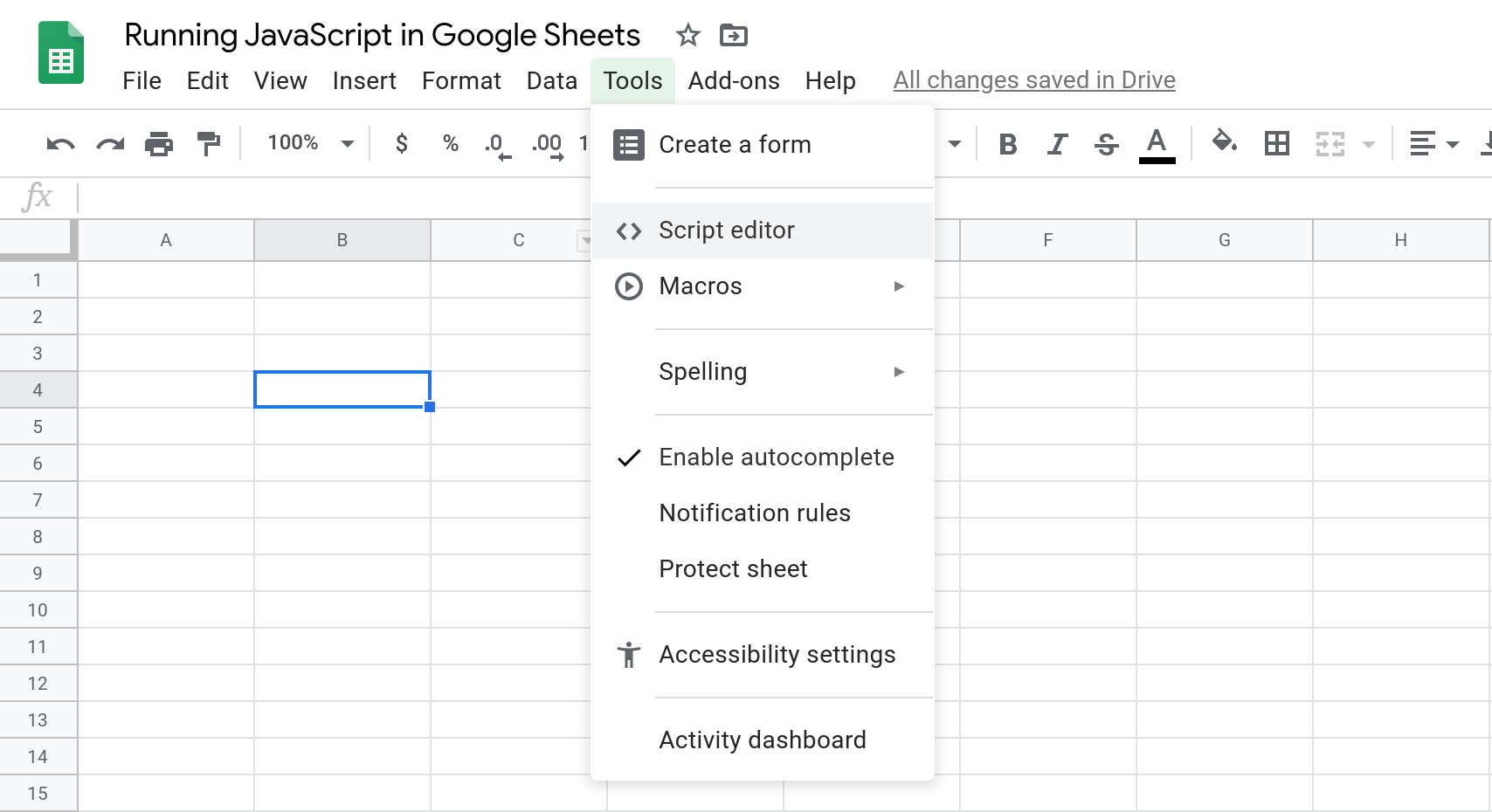 A screenshot of the Google Sheets UI that shows the Tools menu open with the Script Editor menu item selected.