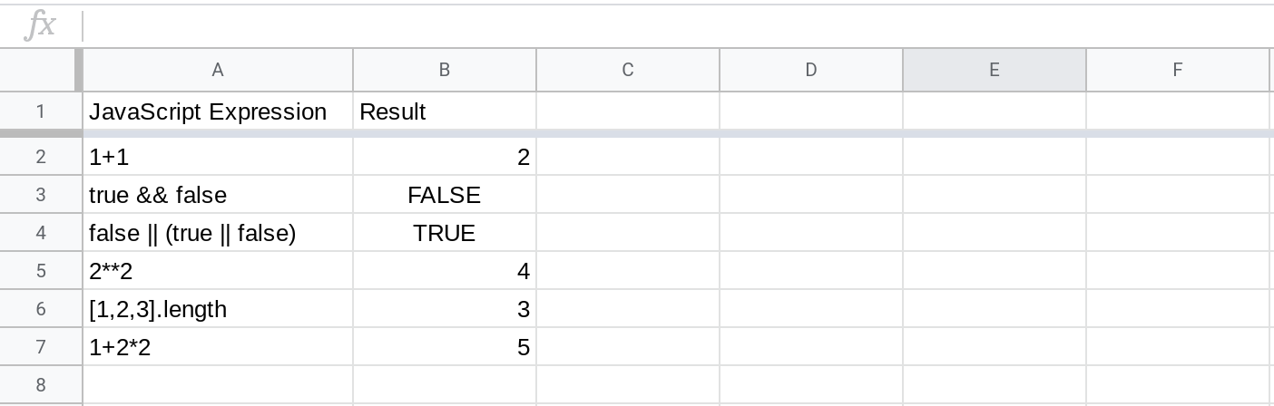 A screenshot of a spreadsheet displaying the results of evaluating JavaScript expressions using the RUNJS function.