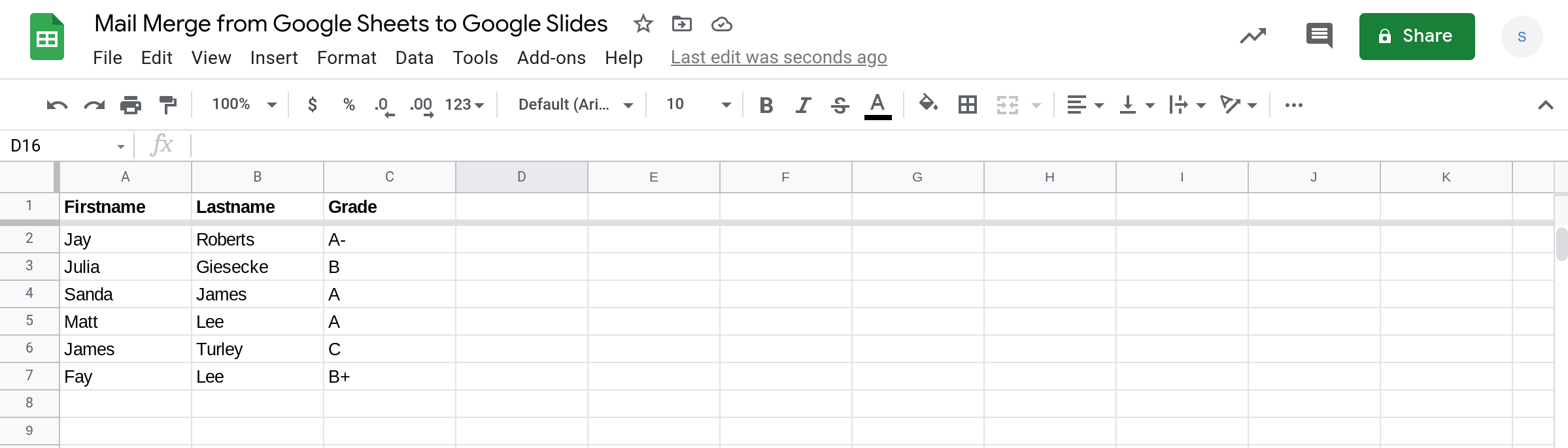 Screenshot of a Google Sheets spreadsheet.