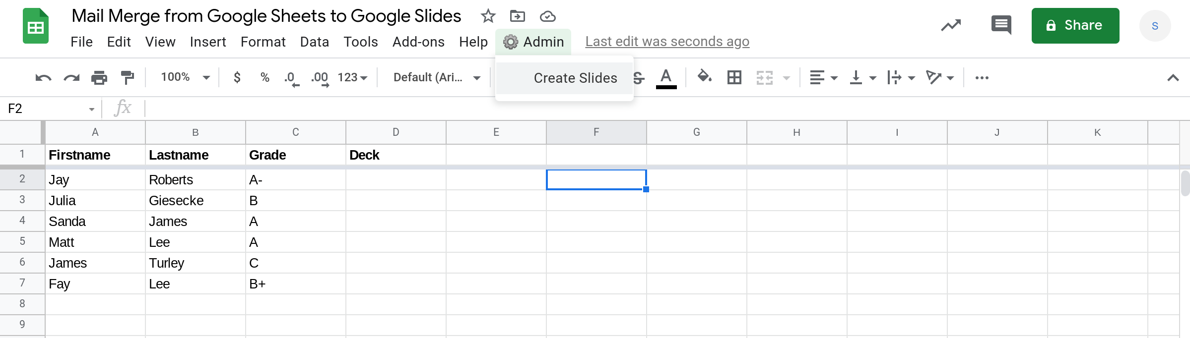 Screenshot of a Google Sheets spreadsheet.