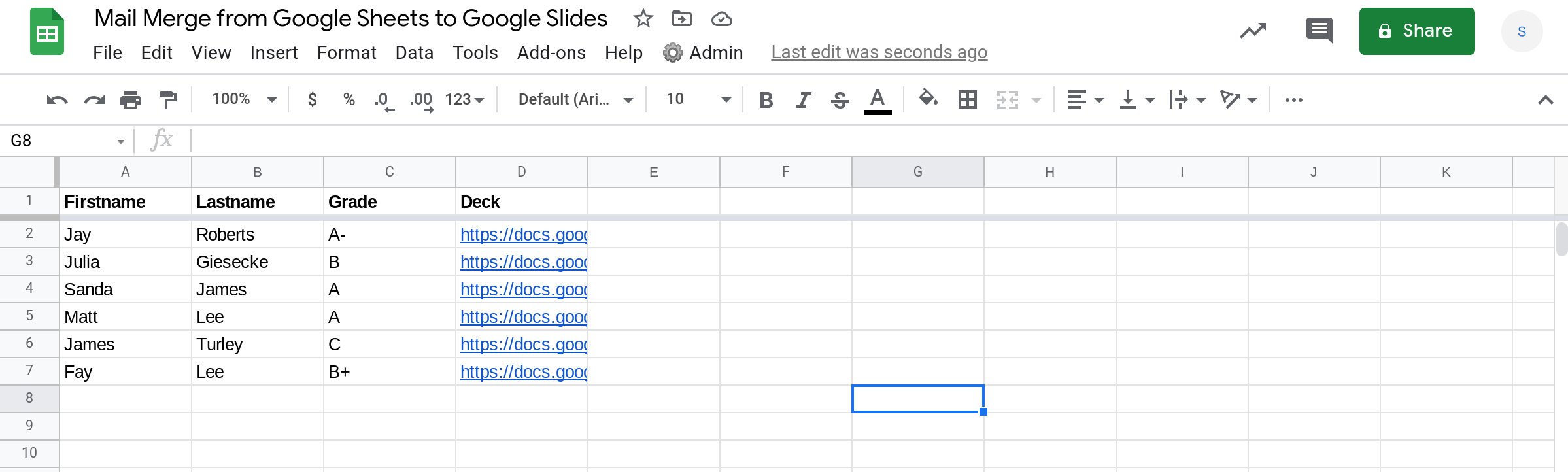 Screenshot of a Google Sheets spreadsheet.