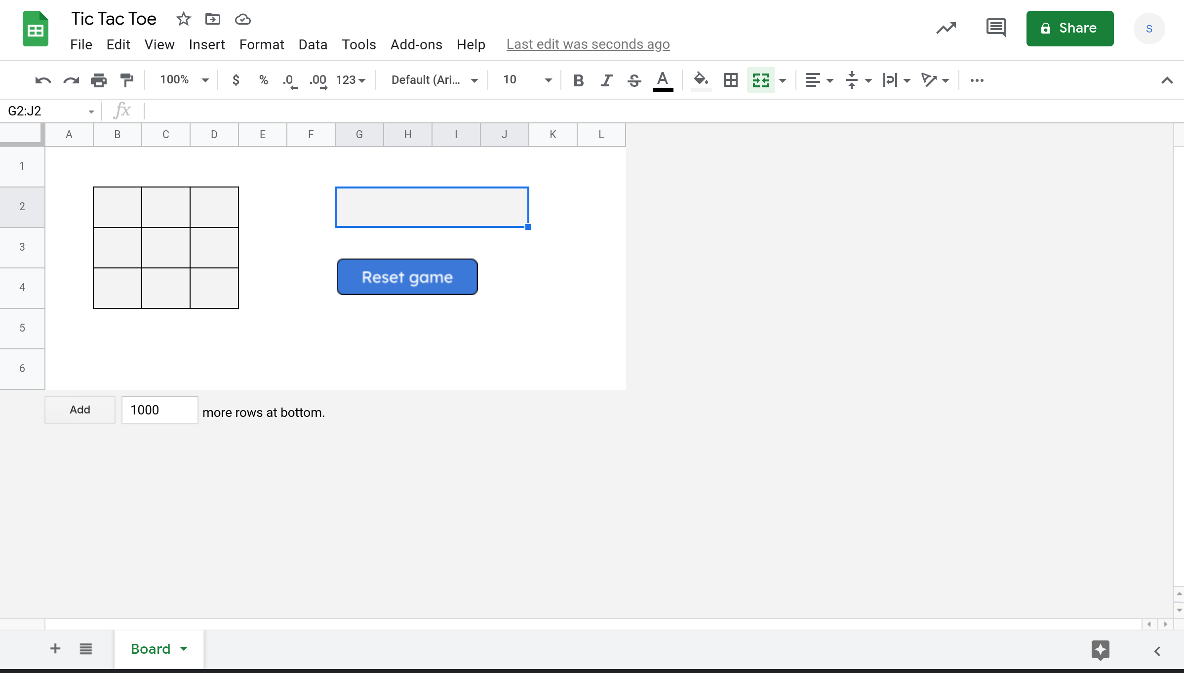 Screenshot of a Tic Tac Toe game in Google Sheets.