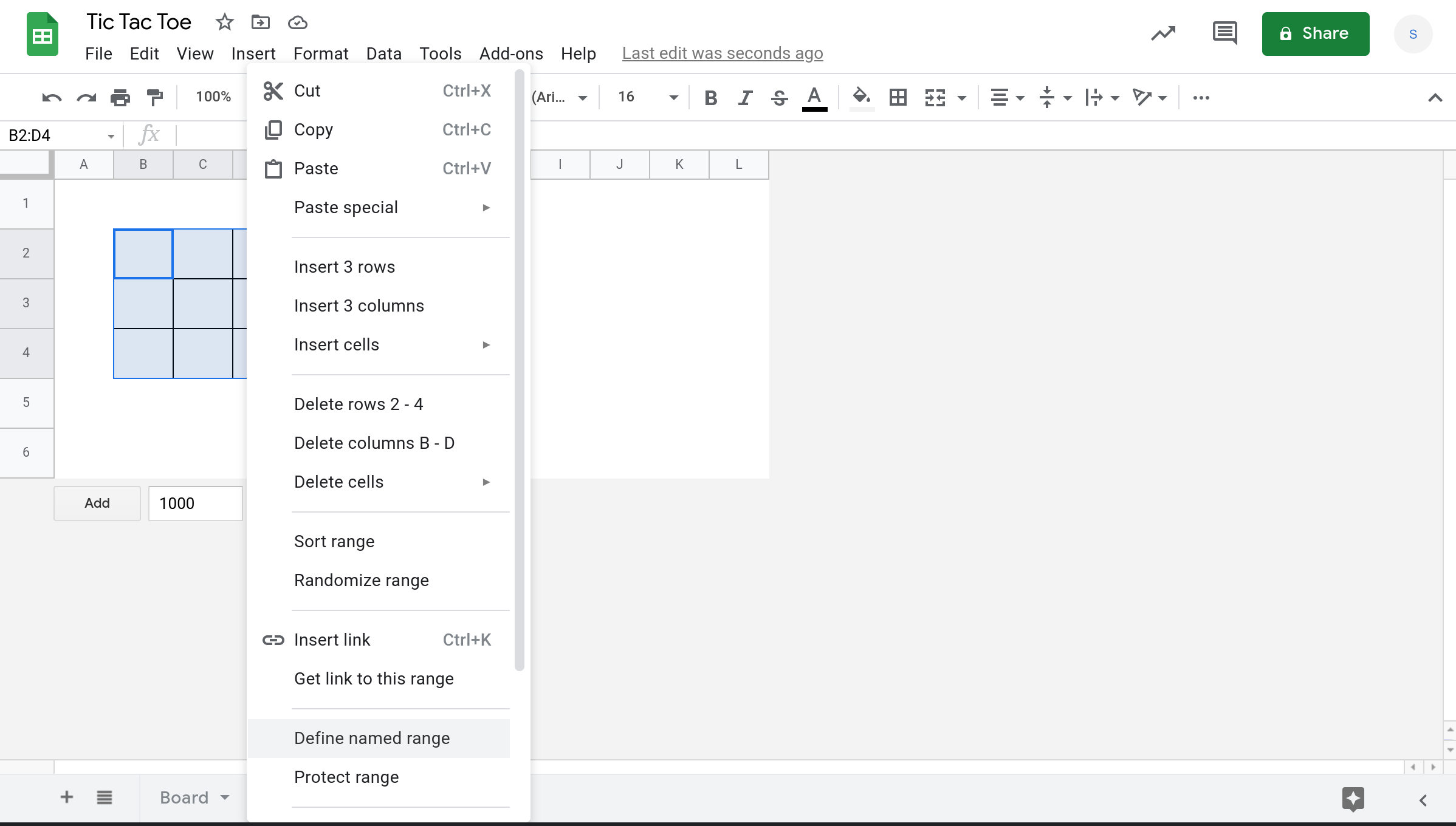 A video demonstrating how to create a named range for a Tic Tac Toe board in Google Sheets.