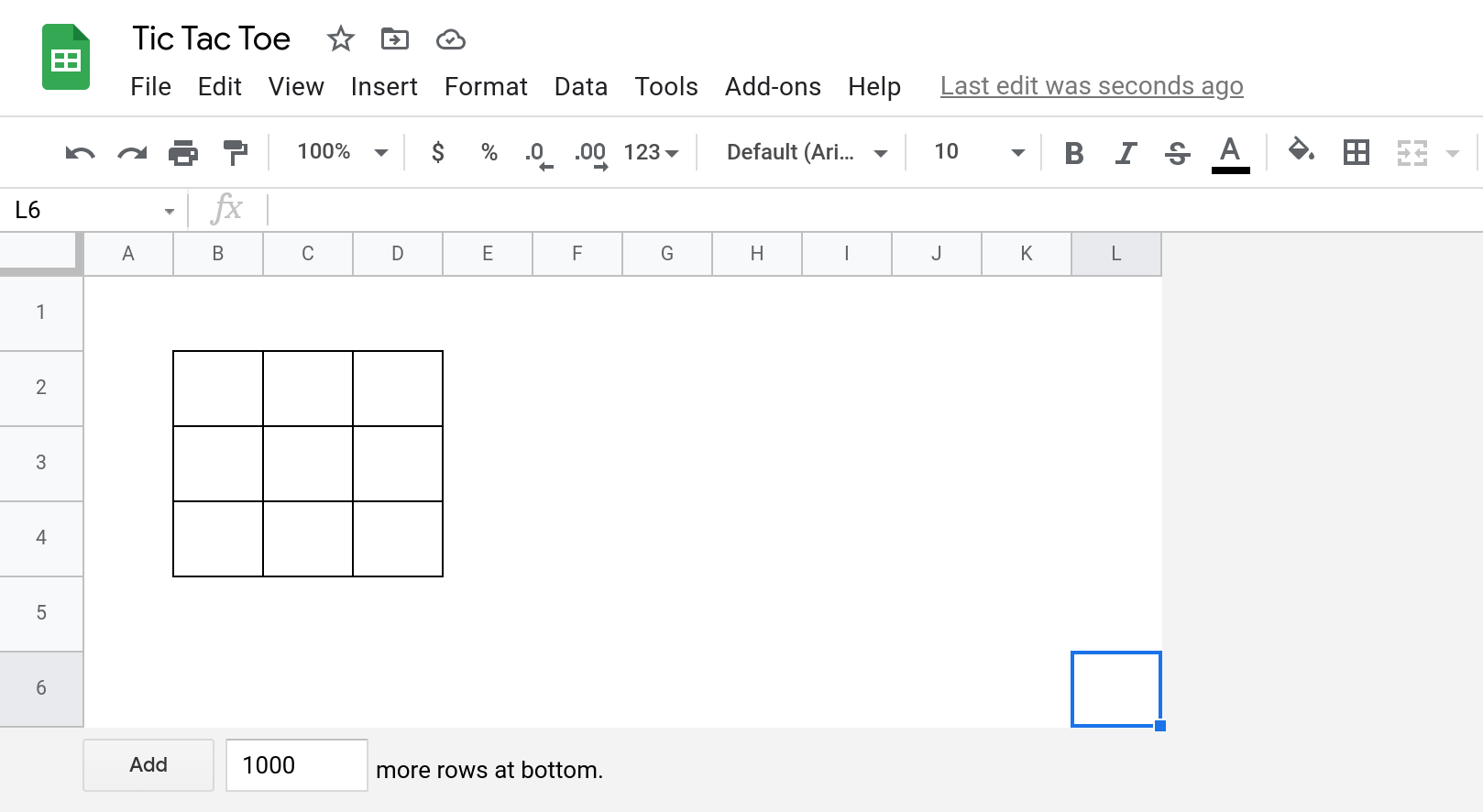 Screenshot of a Google Sheets spreadsheet with a Tic Tac Toe board in it.
