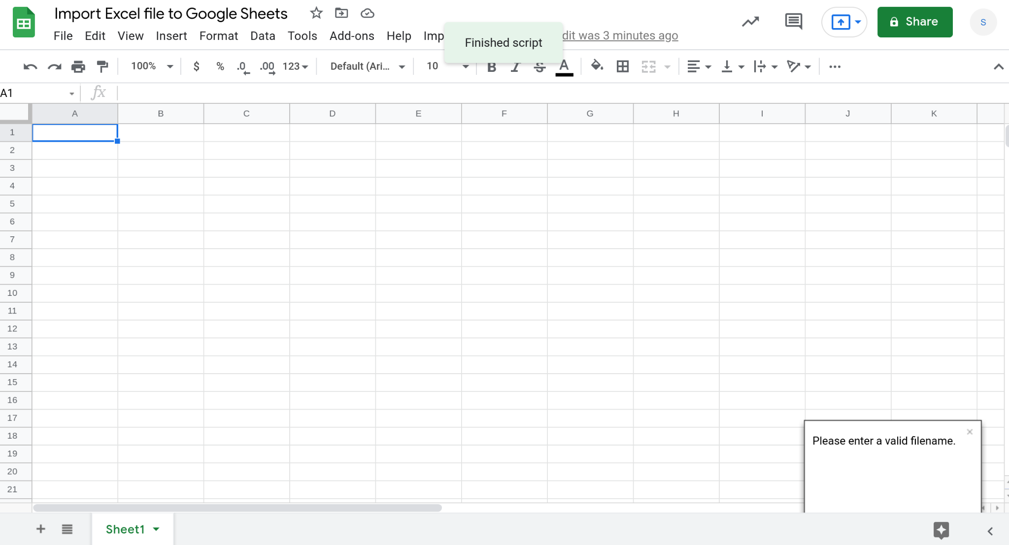 Screenshot of a Google Sheets spreadsheet displaying a toast notification?