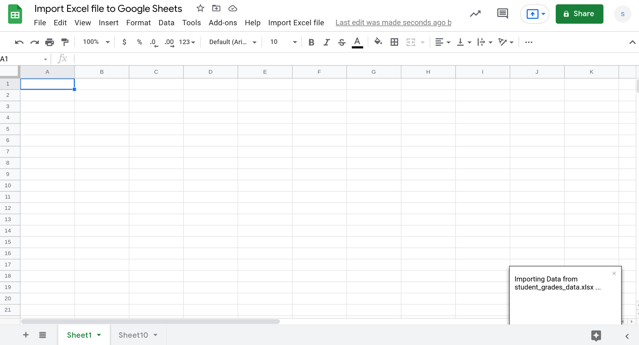 Screenshot of a Google Sheets spreadsheet displaying a toast notification.