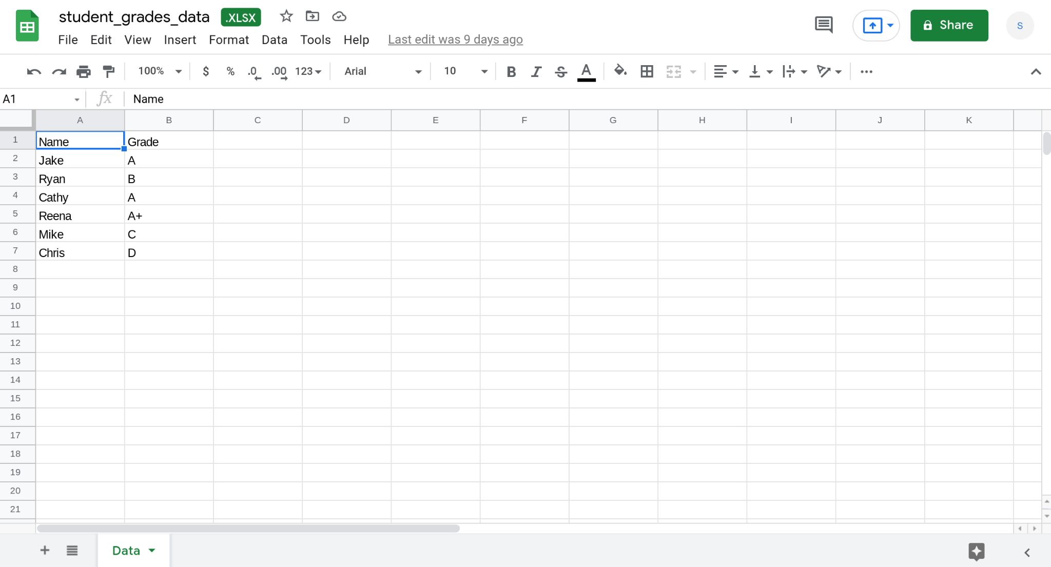 Screenshot of a sheet called Data in an Excel file. The sheet contains information about the grades of six students.