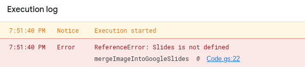 Screenshot of the execution output in Apps Script. It is displaying an error.