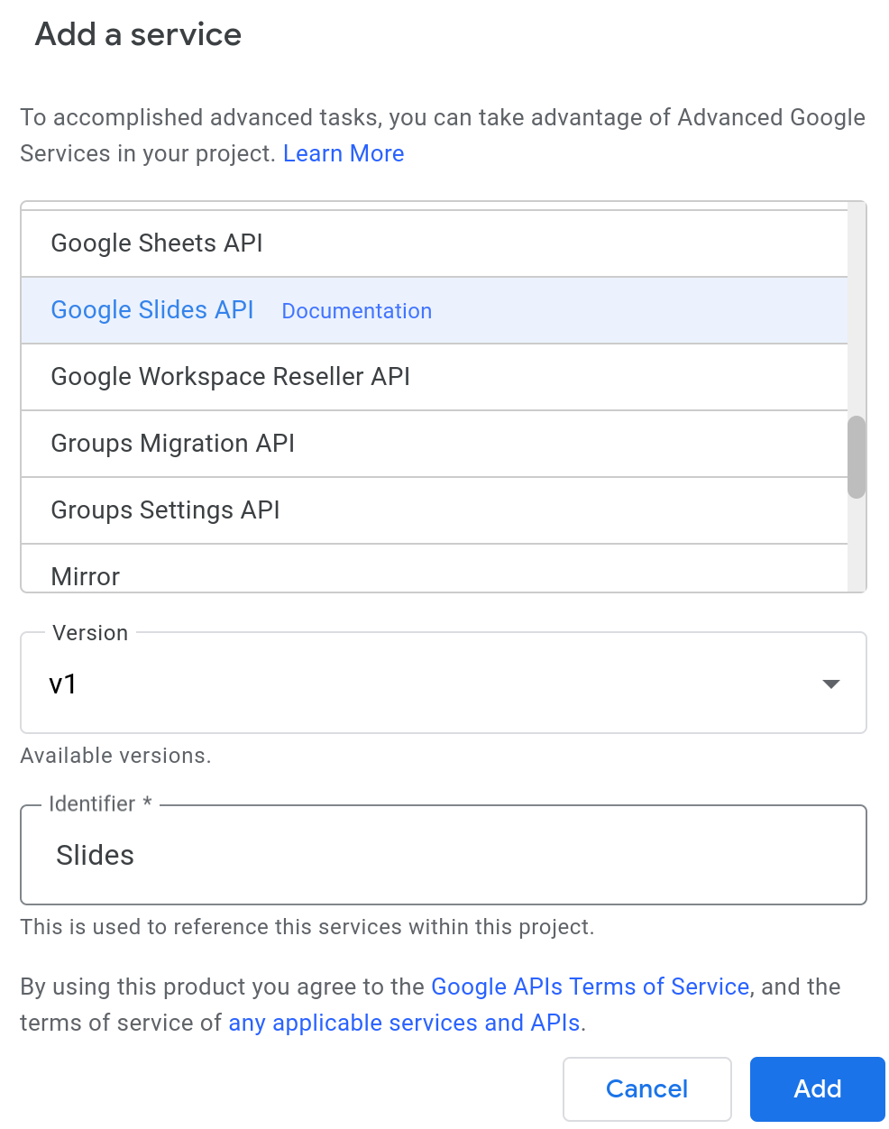 Screenshot of the Add Service dialog in the Apps Script editor.