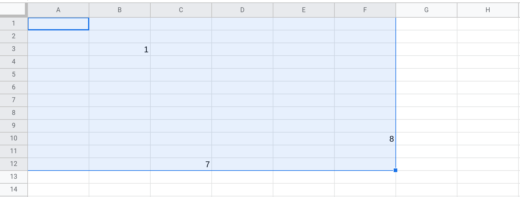 Screenshot of a Google Sheets spreadsheet showing the range A1:F12 selected.