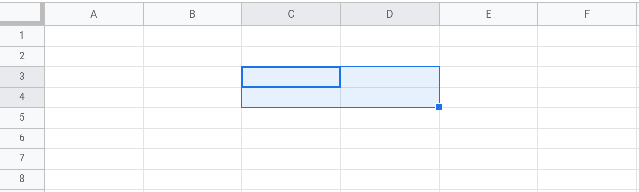 Screenshot of a Google Sheets spreadsheet showing the range C3:D4 selected.