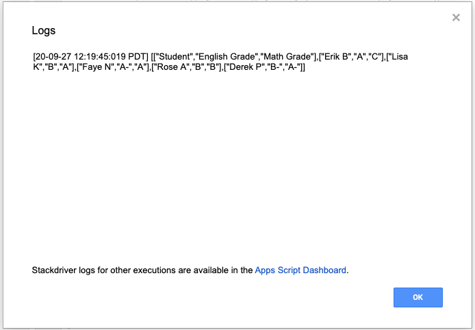 Screenshot of a dialog displaying logs written by the script. The log shows information about students that was read from the spreadsheet.