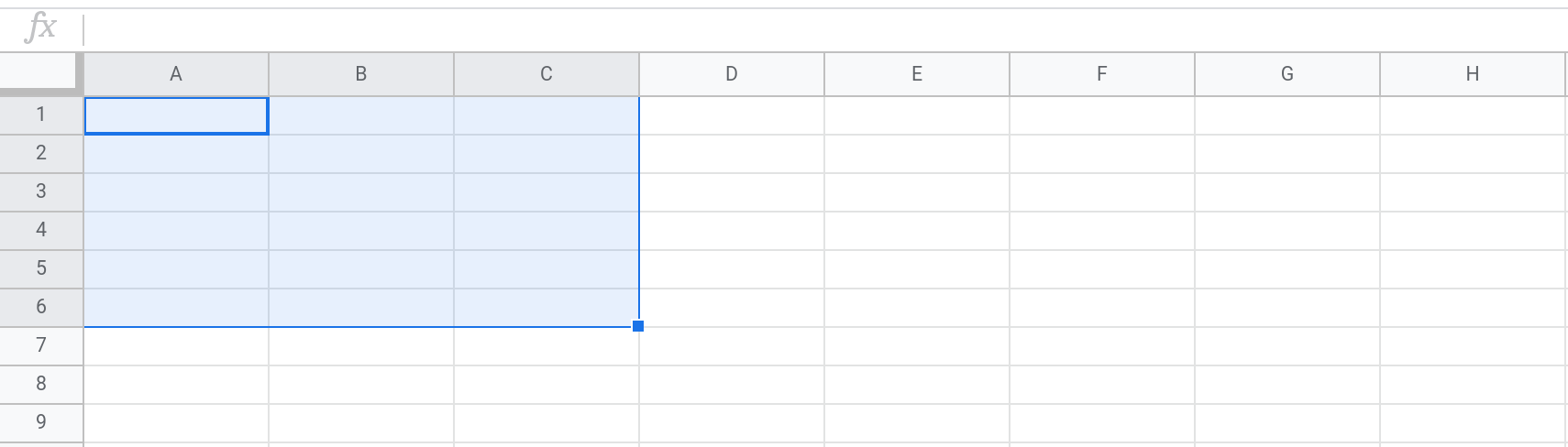 Screenshot of a Google Sheets spreadsheet showing the range A1:C6 selected.