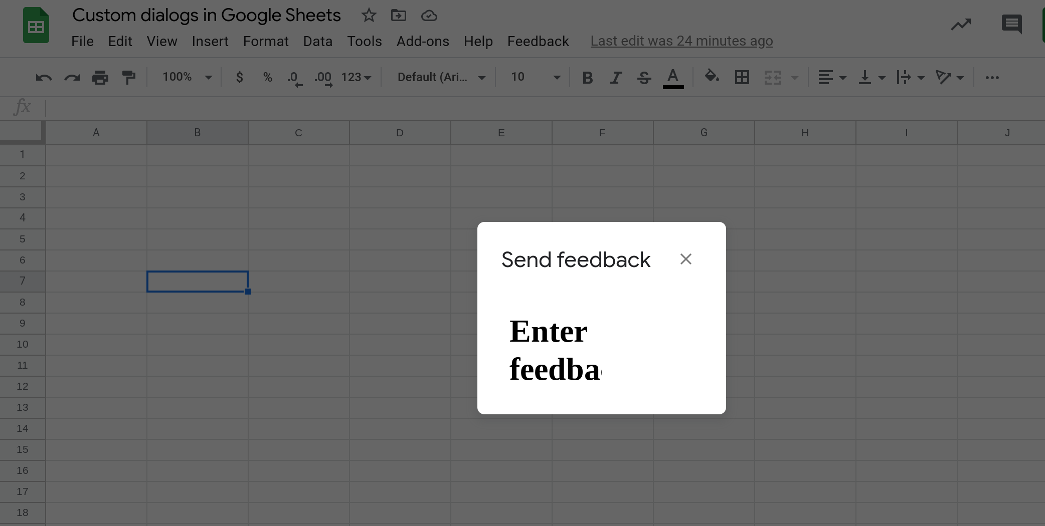 Screenshot of a custom dialog in Google Sheets that is 100 pixels wide and 100 pixels high.