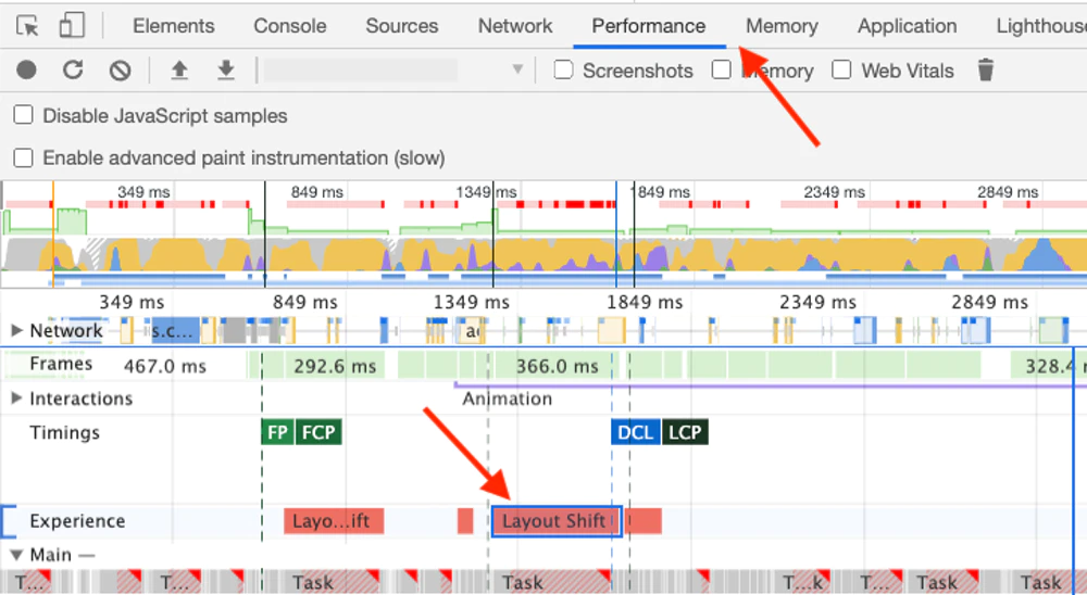 پنجره Experience از پانل DevTools Performance